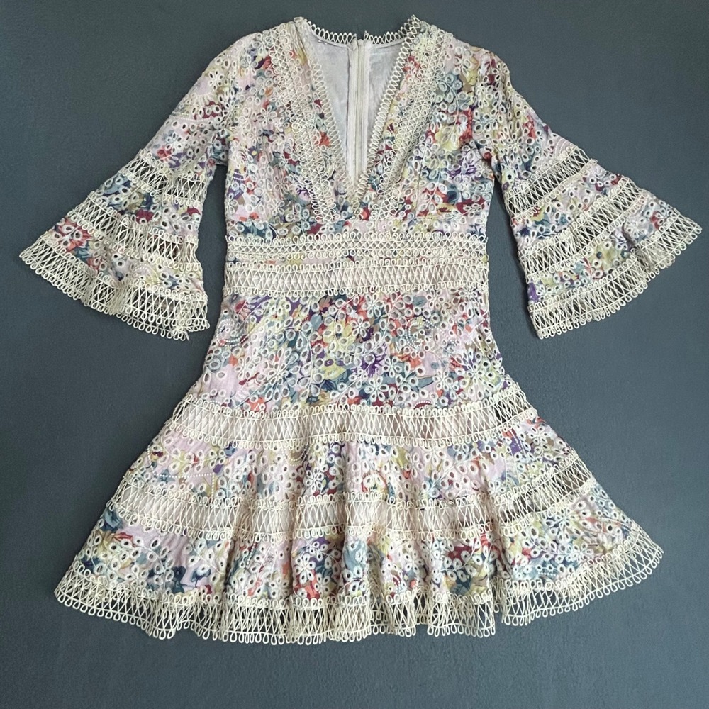 Zimmermann Style Floral Eyelet Mini Dress Womens M Pink Crochet Lace Bell Sleeve